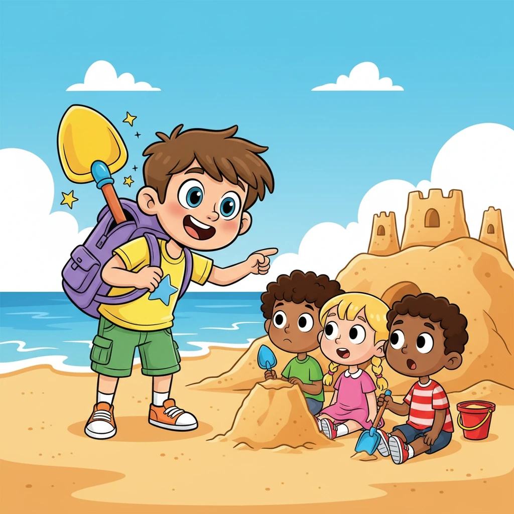 Mais adiante, Theo viu um grupo de crianças tentando construir um castelo de areia gigante, mas faltava uma pá grande o suficiente para a tarefa. Elas pareciam desanimadas, e Theo sabia que a mochila poderia ter a solução perfeita para animá-las.