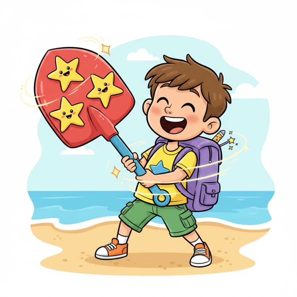 Com um pequeno rodopio, a mochila mágica entregou a Theo uma pá de praia enorme e brilhante, decorada com estrelas do mar sorridentes. Era tão grande que Theo quase caiu para trás ao segurá-la. Ele gargalhou, imaginando a diversão que viria.