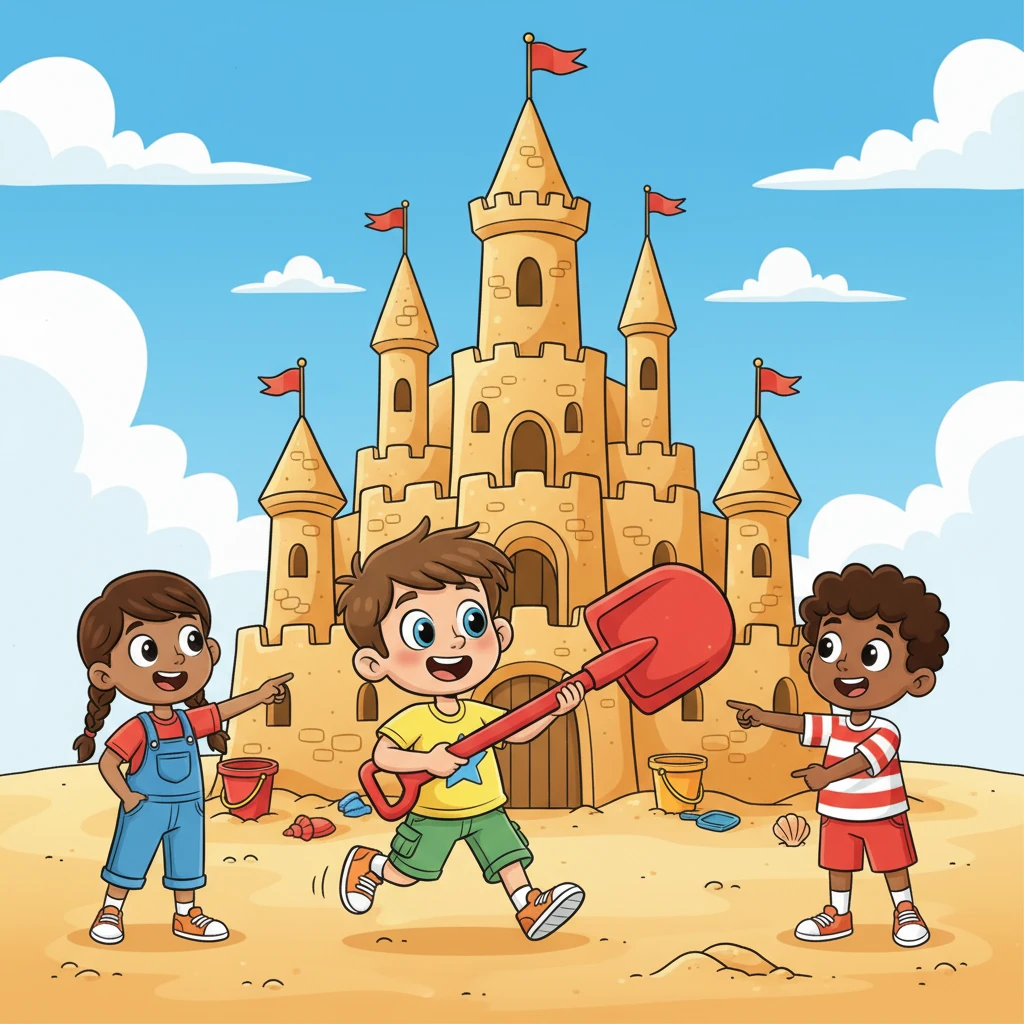 Theo correu para as crianças, que arregalaram os olhos ao ver a pá gigante. Juntos, eles construíram o castelo de areia mais espetacular de todos, com torres altas e muralhas fortes. A alegria preencheu o ar enquanto eles celebravam sua obra-prima.