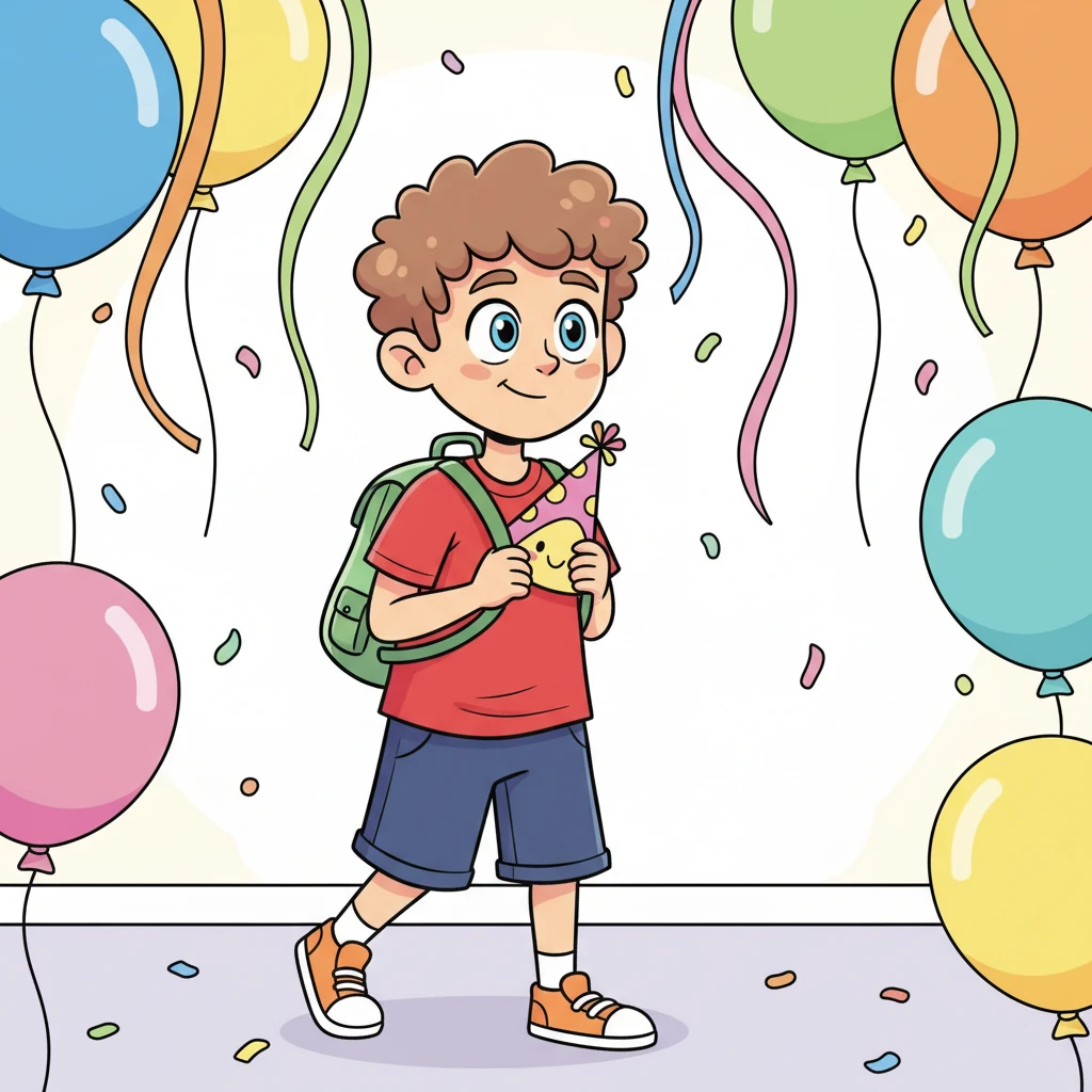 Little Leo, with his bright red shirt and bouncy brown hair, tiptoed into the most colorful party ever! Balloons bounced like playful giants, and streamers swirled like candy-colored ribbons. He clutched his party hat, a little shy but excited to join the fun.