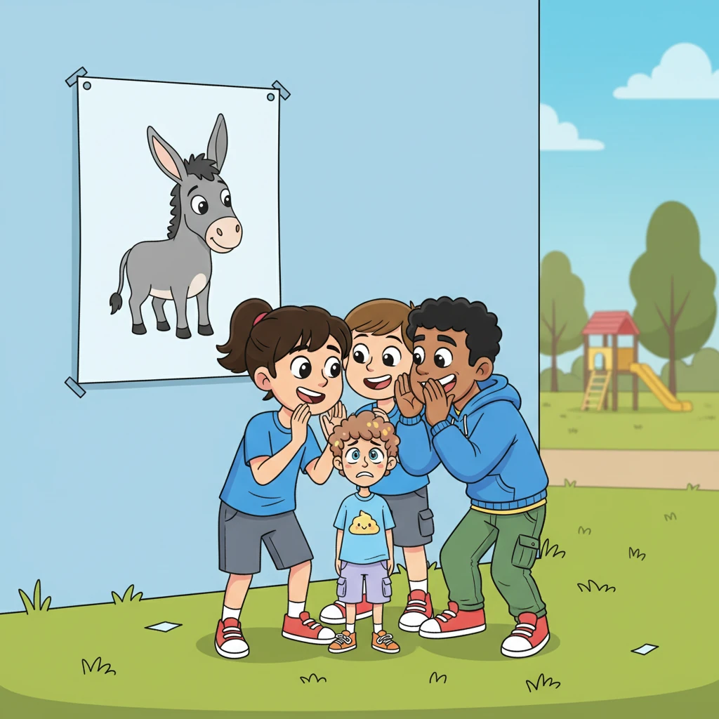 Leo spotted a group of kids playing a super cool game of 'pin the tail on the donkey,' but when he tried to peek, two taller kids with mischievous grins blocked his way. They whispered giggles and made silly faces, making Leo feel a bit like a tiny mushroom in a field of towering trees.