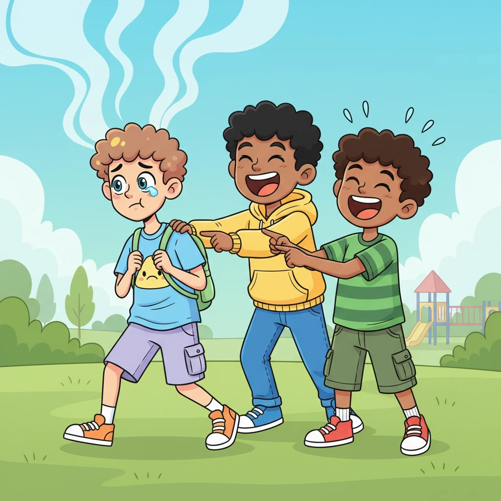 The taller kids started to playfully nudge Leo, making him stumble slightly. They laughed louder, pointing their fingers and making exaggerated 'boo-hoo' faces, which made a little tear well up in Leo's big, expressive eyes. He wished he could just disappear into a cloud.