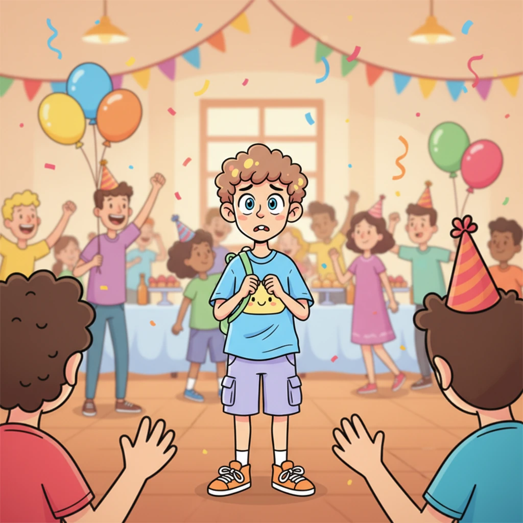 Feeling utterly small and alone, Leo looked around the bustling party, his lower lip quivering. His eyes scanned the crowd, searching for a familiar, comforting face. Oh, how he wished his super-strong, super-cool big brother, Lance, would magically appear!