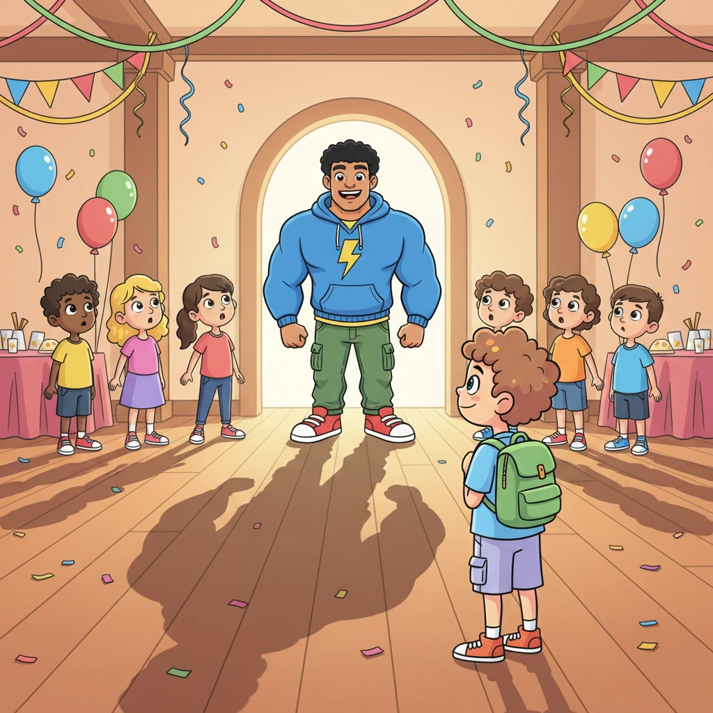 Just as a shadow of sadness crossed Leo's face, a truly enormous shadow stretched across the party floor. Everyone looked up to see Lance, Leo's big brother, standing tall and strong at the entrance. He looked like a friendly giant, with broad shoulders and a reassuring smile, making the room feel instantly warmer.