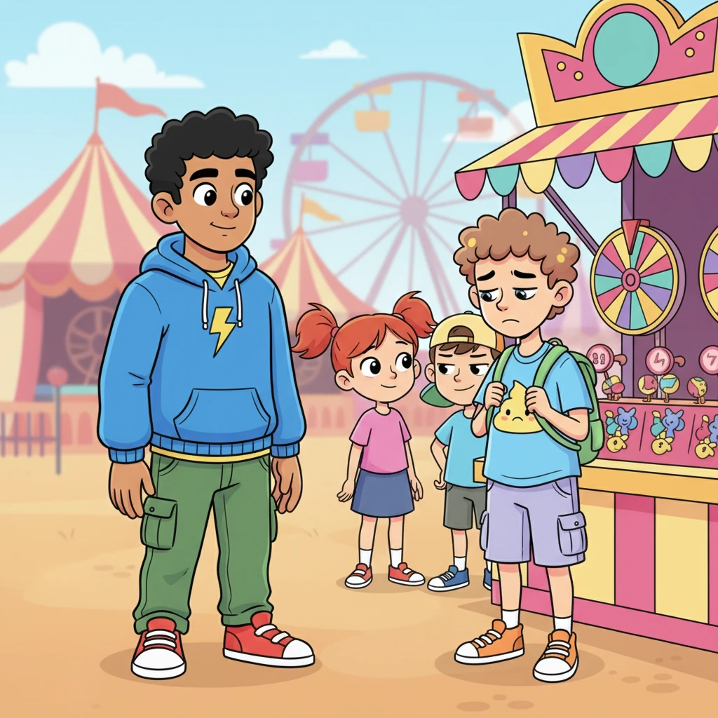 Lance's eyes quickly found Leo, who looked a bit crumpled and sad near the game. Lance's usually cheerful face softened with concern, his eyebrows knitting together just a tiny bit as he noticed the two mischievous kids still hovering nearby, looking a little too smug.