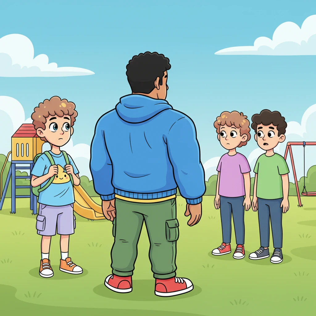 Lance gently placed himself right in front of Leo, creating a protective shield with his broad back. He looked down at the two taller kids with a kind but firm expression, his big, friendly eyes conveying a clear message without saying a single word. Leo felt a warm wave of safety wash over him.