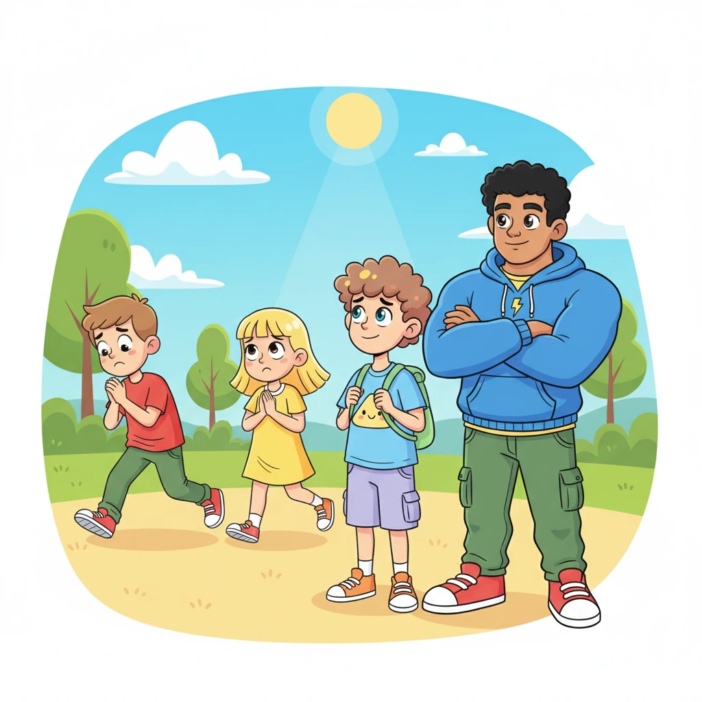 The two taller kids, seeing Lance's calm strength and protective stance, suddenly felt very small themselves. Their mischievous grins faded, replaced by sheepish expressions. They mumbled quick apologies and scurried away, ready to find a different, kinder game to play.