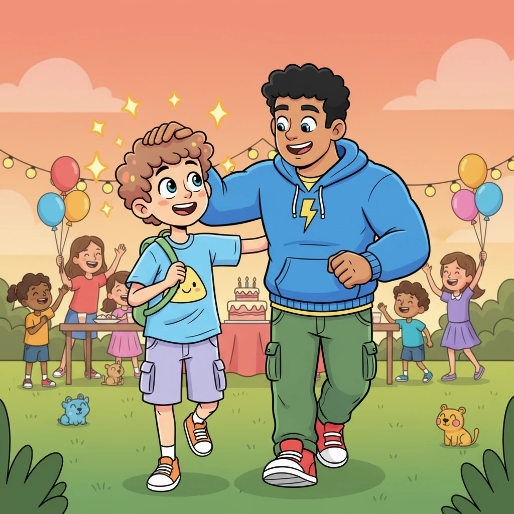 Leo's face lit up like a thousand tiny fireflies! He beamed at Lance, feeling incredibly proud and safe. Lance ruffled Leo's hair with a big, comforting hand, and with an arm around his little brother, they both joined the party fun, ready to make new, happy memories together.