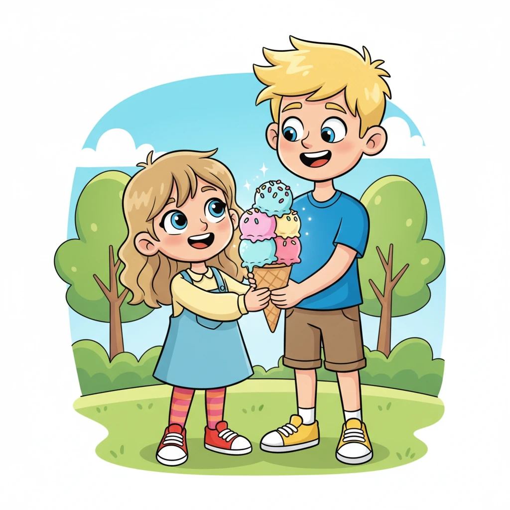 Steffanie, with her bouncy dirty blonde hair, gazed up at the incredibly tall Hunter, his blonde hair shining in the sun. They were laughing together, sharing a giant ice cream cone, their smiles wide and genuine. A spark of connection glowed brightly between them, promising endless fun.