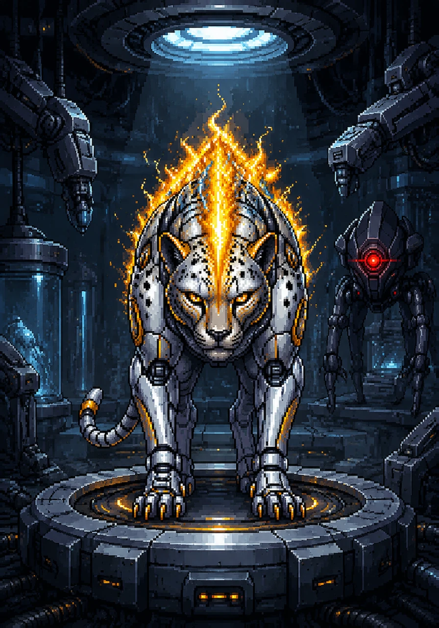In the heart of Neon Prime, a sleek cybernetic cheetah named Ignis awakens inside a high-tech laboratory. His chrome chassis gleams under the fluorescent lights, and a brilliant mane of crackling solar fire ignites down his spine, radiating intense warmth.