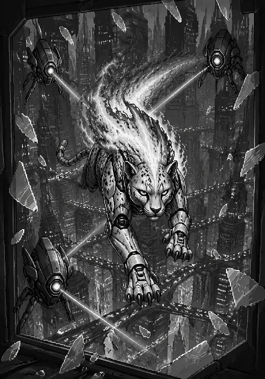 Ignis leaps through a glass window, escaping into the sprawling, multi-layered cityscape. Below him, endless streams of hover-vehicles create ribbons of light, while his fiery mane leaves a glowing orange trail against the dark steel skyscrapers.