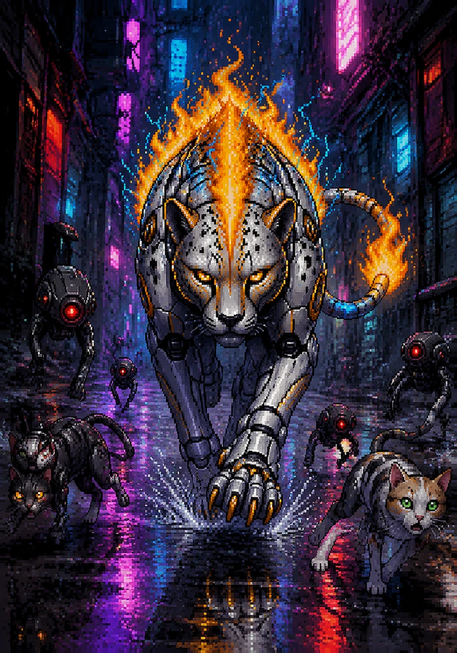 Sprinting down a crowded neon alley, Ignis tests his boundaries, his mechanical paws clicking rhythmically against the wet pavement. Cybernetic stray cats and maintenance drones scatter in awe as the majestic, flaming predator blurs past them.