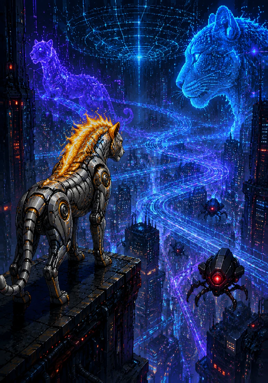 Ignis reaches the edge of the upper city, looking out at the massive digital holograms dancing in the sky. His internal sensors recalibrate, mapping out a hidden grid of energy highways that only a creature of his speed can traverse.