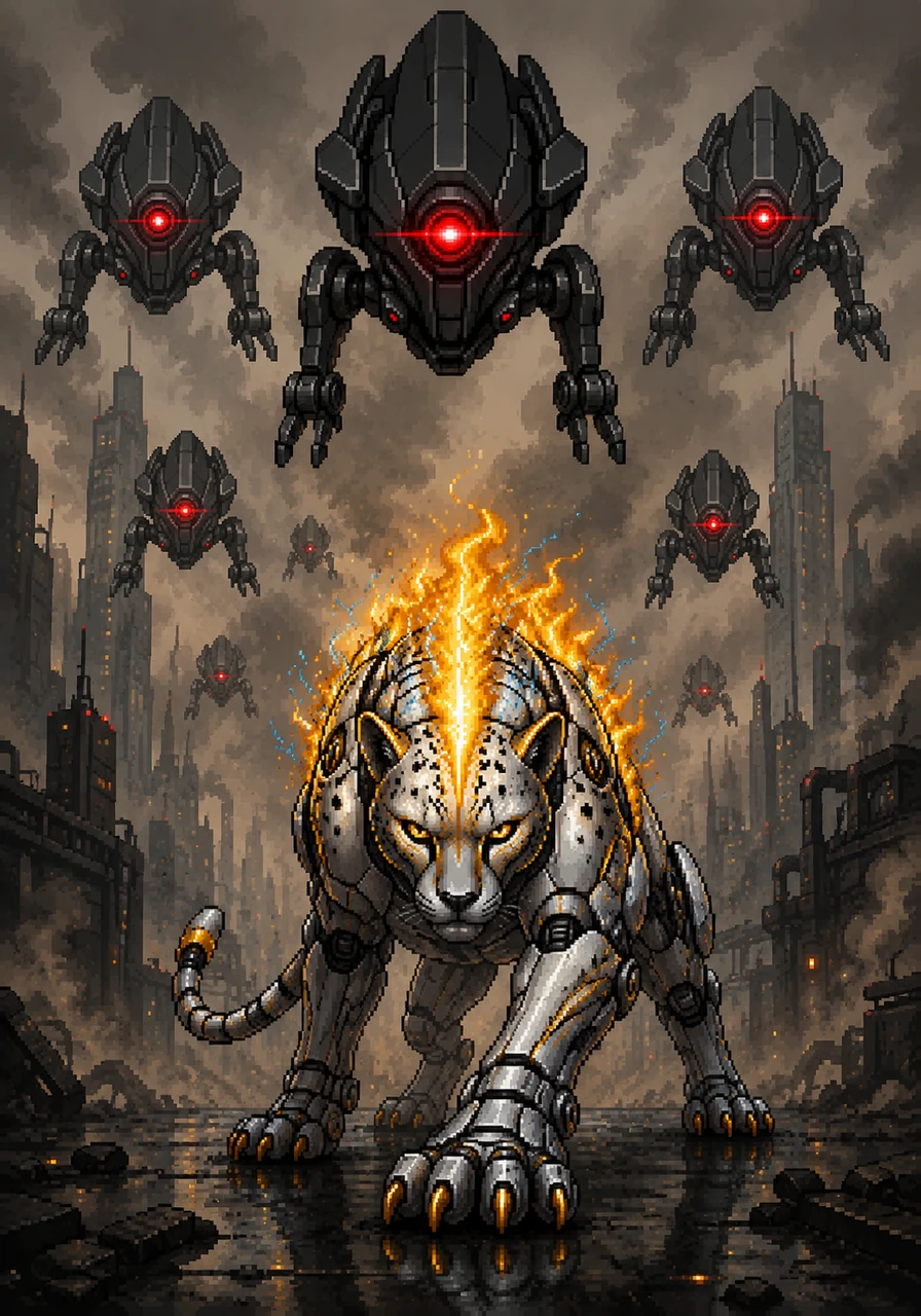 Suddenly, a fleet of sleek, black security drones descends from the smoggy sky, their red optic sensors locked onto Ignis. The cybernetic cheetah narrows his golden eyes, his fiery mane flaring up aggressively as he prepares to run for his life.