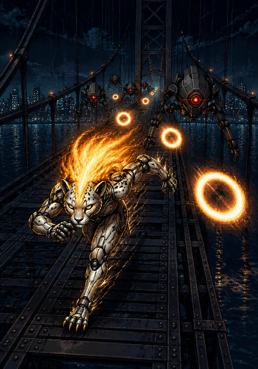 Ignis bolts across a massive suspension bridge, pushing his cybernetic enhancements to their absolute limit. The security drones fire containment energy rings, but Ignis dodges them with impossible agility, his blazing hair lighting up the dark river below.