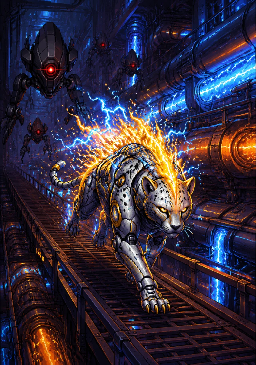 Diving into the city's subterranean power sector, Ignis races alongside massive, glowing plasma conduits. The ambient electricity charges his systems, causing the fire on his back to roar with intense blue and gold sparks.