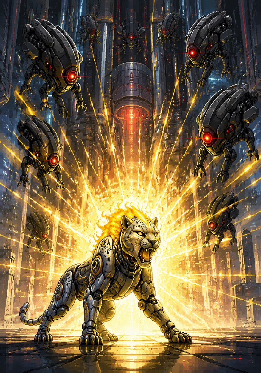 The chase leads to a dead end at the city's main power core, where the drones corner him against a massive glass barrier. Realizing he must fight, Ignis channels the thermal energy from his mane into a brilliant, blinding burst of light.