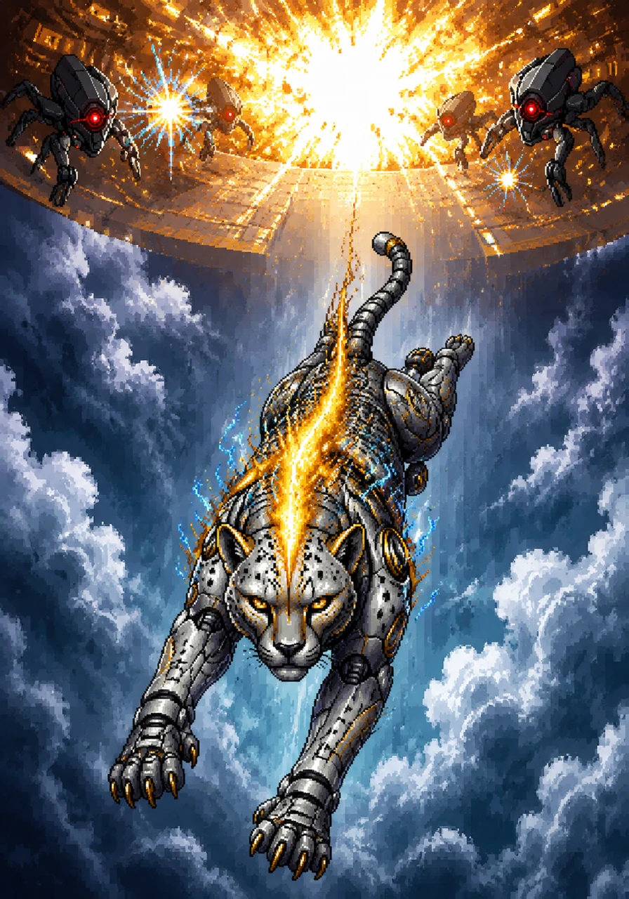 The overload of light and heat temporarily blinds the drone sensors, allowing Ignis to shatter the barrier and leap into the unknown. He plummets through the clouds, feeling the rush of wind cool his metallic frame as he aims for the lower levels.