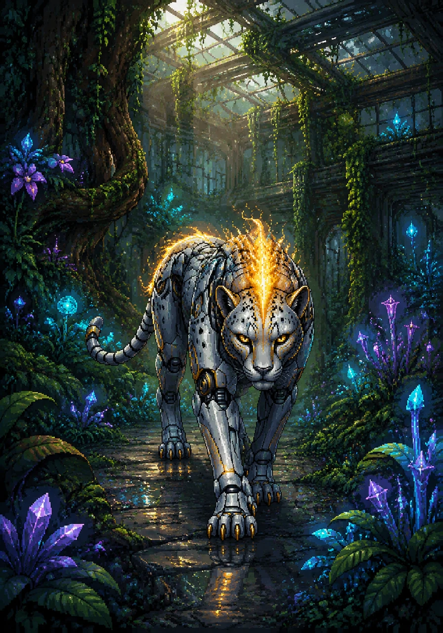 Ignis lands safely in a hidden, overgrown bioluminescent greenhouse hidden deep within the city's foundations. Surrounded by synthetic flora and glowing ancient trees, the cybernetic cheetah finally slows to a gentle trot, his fiery mane settling into a soft, comforting glow as he finds his true sanctuary.