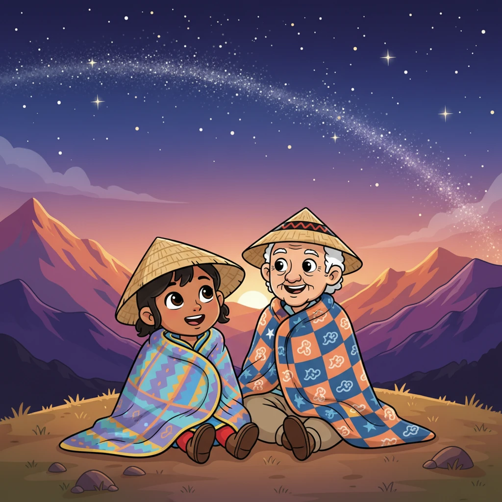 Naledi and Ntatemoholo sit snugly wrapped in colorful Basotho blankets. The last light of day paints the Maloti Mountains in deep purples and oranges behind them, while the first twinkling stars begin to dot the enormous sky above their family land. Naledi, her eyes wide with wonder, looks up at the emerging Milky Way, a shimmering river of light.