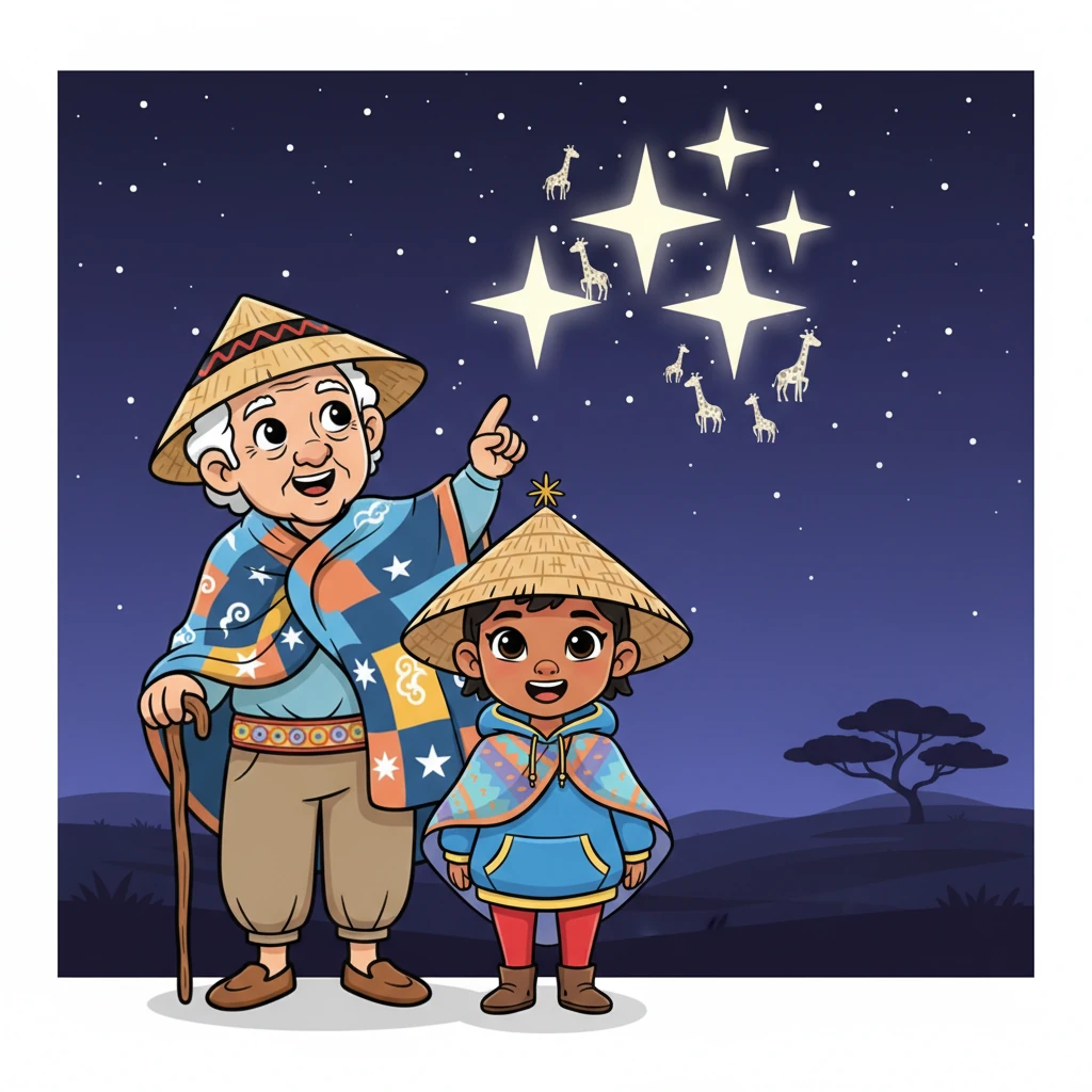 Ntatemoholo points with a gentle hand to four bright stars forming a clear cross in the sky. He tells Naledi these are Dithutlwa, the Giraffes, used by travelers to find their way South, ensuring no one ever got lost on their journeys between villages. Naledi imagines tiny giraffes guiding people across the land.
