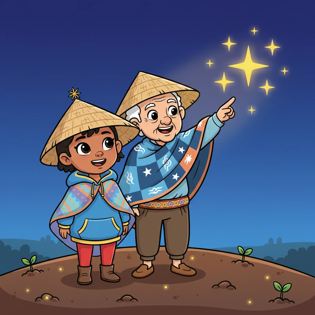 Next, Ntatemoholo guides Naledi's gaze to a beautiful cluster of stars, explaining they are Selemela, the Pleiades. He describes how their ancestors knew that when Selemela appeared at dawn, it was time to plant the seeds for a bountiful harvest. Naledi pictures the earth waking up, ready for new life.