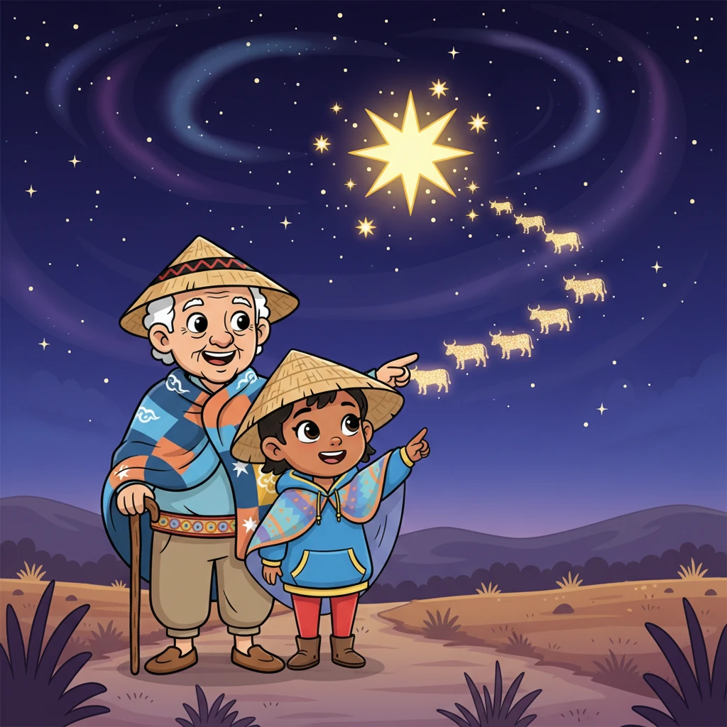 He then shows Naledi Moshawana, the Little Herd, a bright star surrounded by smaller ones. Ntatemoholo shares how herders would watch this star, knowing its low position in the sky meant rain was coming and it was time to bring their cattle closer to home. Naledi sees little star-cattle following their celestial guide.