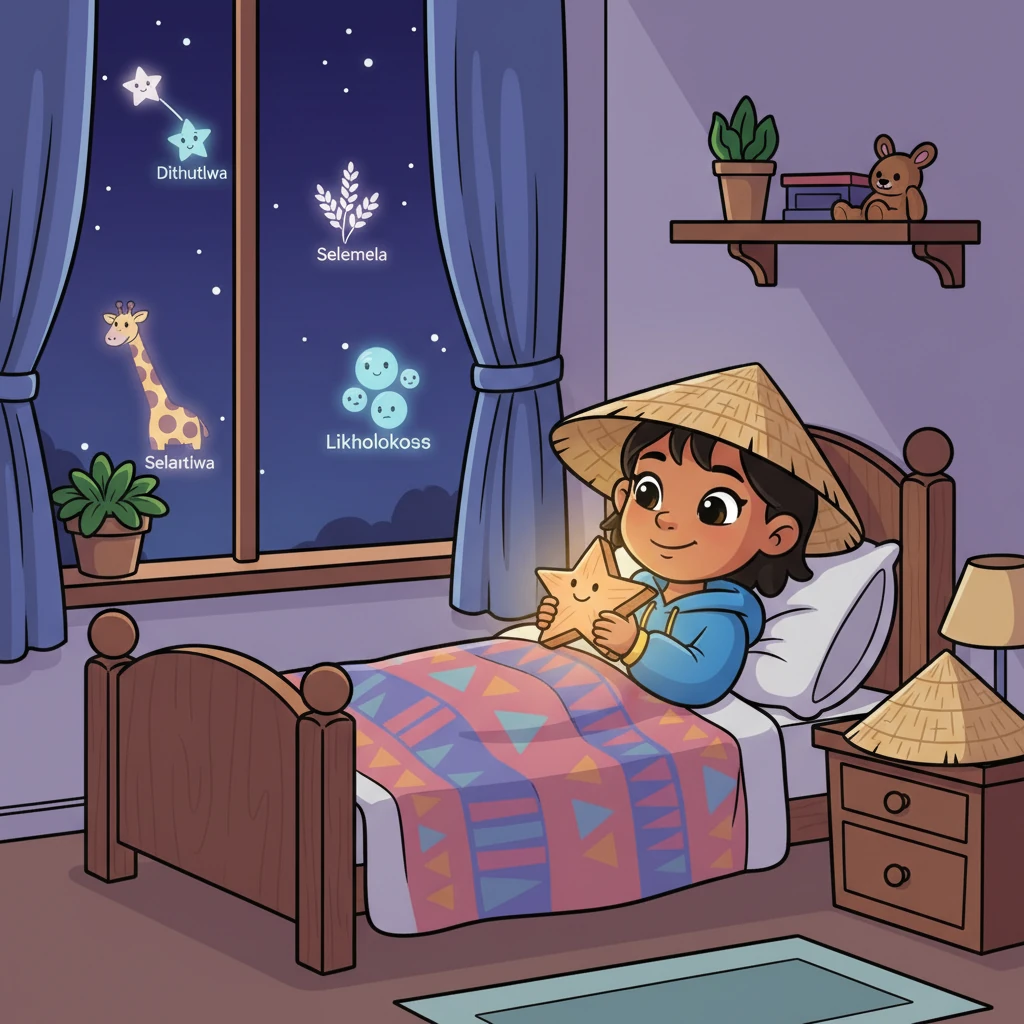 Later that night, Naledi lies snugly in her bed, clutching a small, smoothly carved wooden star Ntatemoholo gave her. Through her window, the familiar constellations—Dithutlwa, Selemela, Likholokoso—shine like friendly faces in the dark sky. She smiles, feeling the ancient star wisdom warm in her heart, a precious gift from the sky and her family.