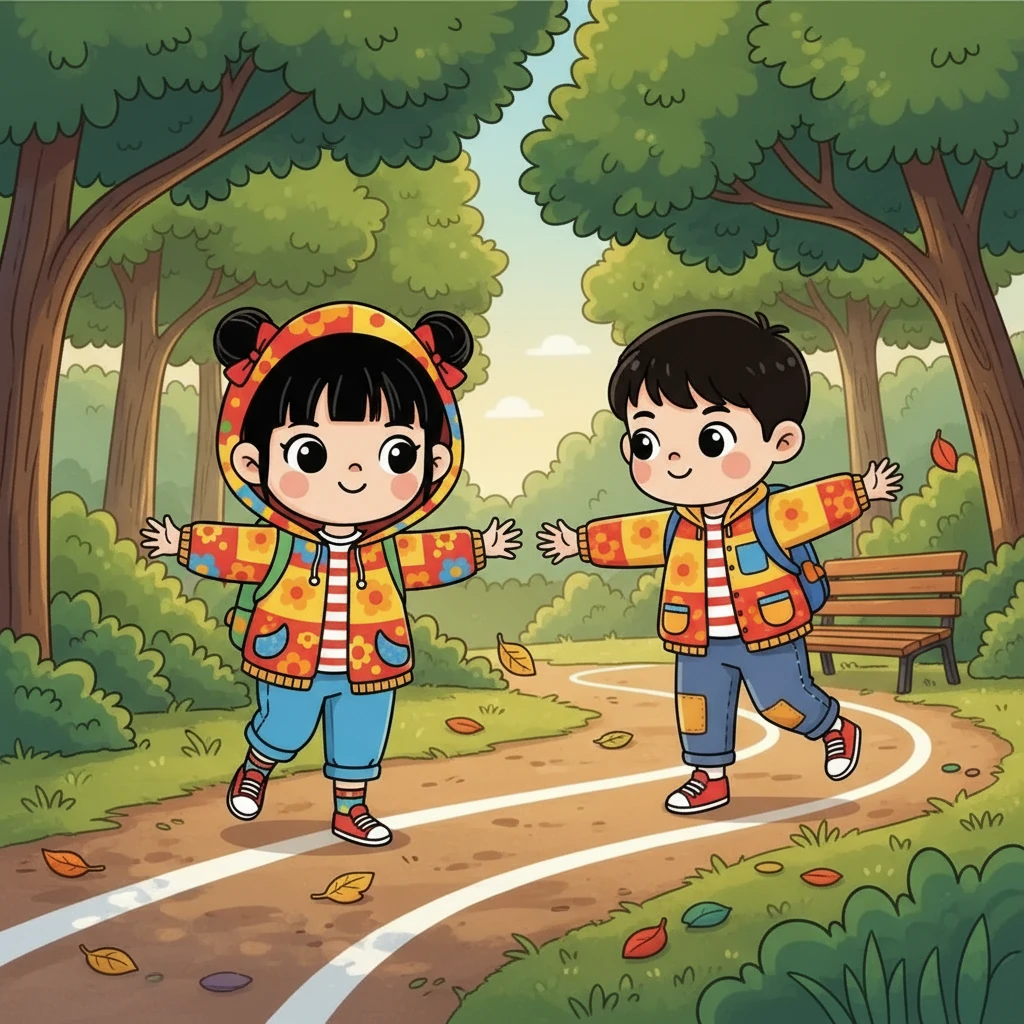 小柔輕聲提醒：「先看線，慢慢前進。」他們踮著腳尖，沿著白線走，雙臂向前掃、向後掃，像是在推開落葉。他們彼此相望，確認著彼此間的距離剛剛好。