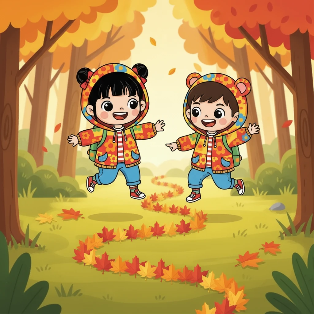 前方，紙楓葉排成一條細線，像一條輕柔的河。小柔說：「不踩葉片，輕輕越過。」他們雙腳小跳，越過葉片，再退回原處，再跳過。小天笑了：「葉子也在看我們。」