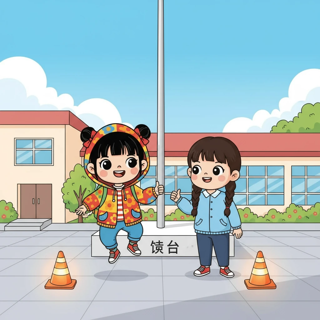 旗台前放著兩個小錐筒，像兩盞小燈。小天抬起右腳連跳兩下，換左腳再跳兩下。小柔在一旁輕輕數拍，相互點頭。輪到上舉點觸時，兩人相互讓一讓，笑容乾淨而有禮。