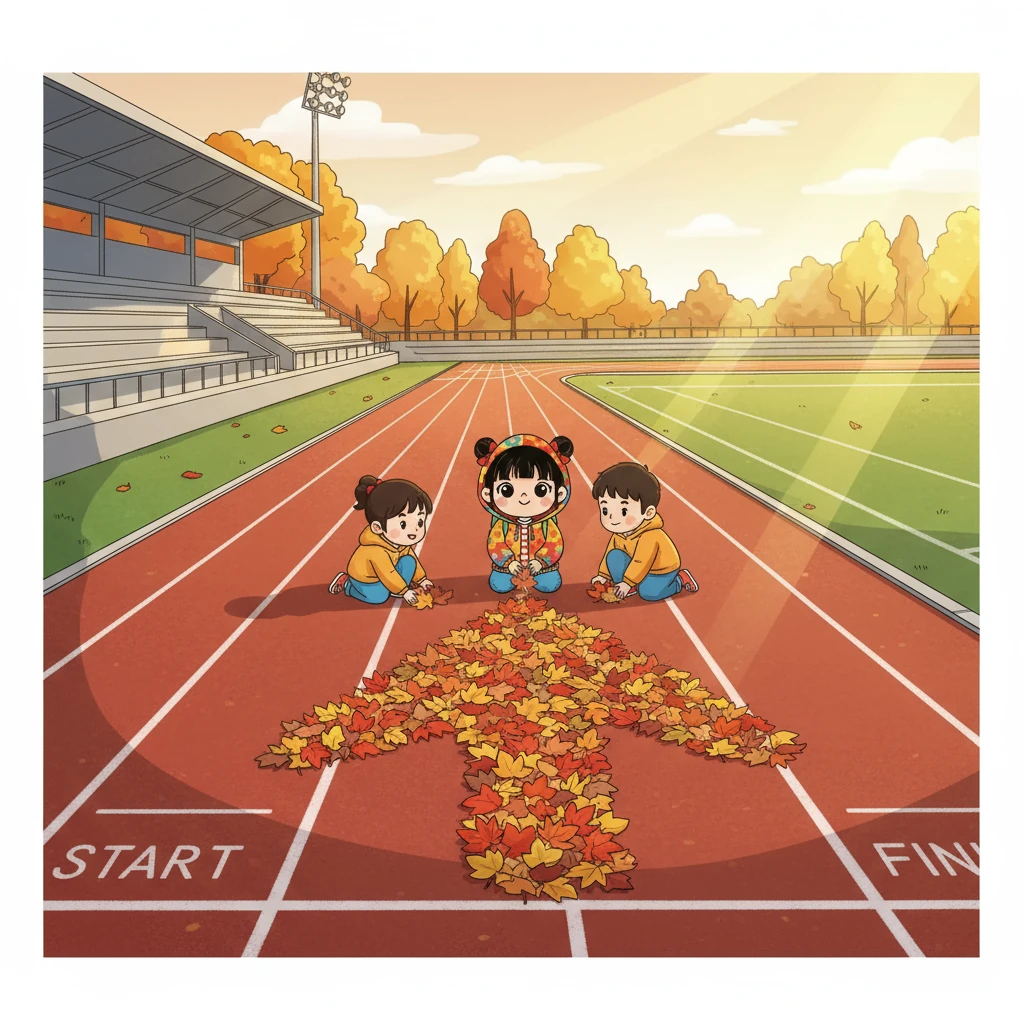 金光爬上看台。小天靈光一閃：「把散落的落葉排成一個大箭頭，指向起點和終點。」他們一片片擺放、對齊，箭頭很快成形。回程時，他們腳跟接腳尖，沿白線緩緩前行。秋色在操場上，也在他們心裡穩穩發光。