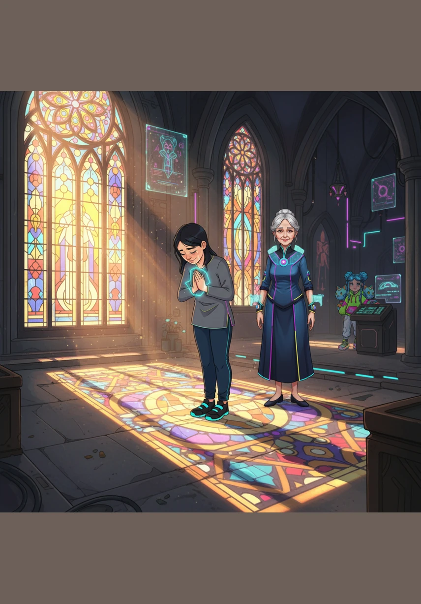 Tiba-tiba, seberkas cahaya matahari senja menembus kaca patri berwarna-warni di dinding tinggi gereja, menerangi lantai tepat di depan Maya. Cahaya itu membentuk pola indah yang hangat, seolah-olah memberikan pelukan yang menenangkan jiwanya yang sedang gelisah.