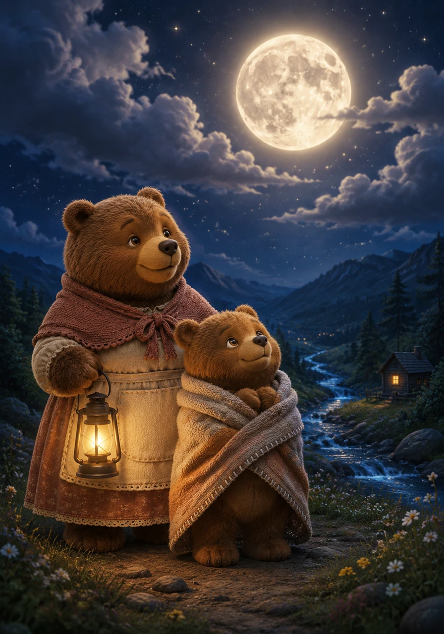 La gran luna llena se asoma entre las nubes, bañando todo el valle con una luz plateada y reconfortante. Berni se da cuenta de que la noche tiene su propia lámpara gigante que nunca se apaga del todo.