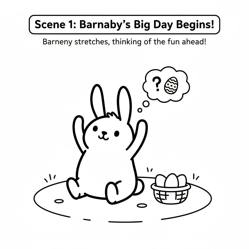 Barnaby Bunny stretches in his round, cozy burrow. A small basket with a few plain, oval eggs sits nearby. He looks a little thoughtful, ready for a s