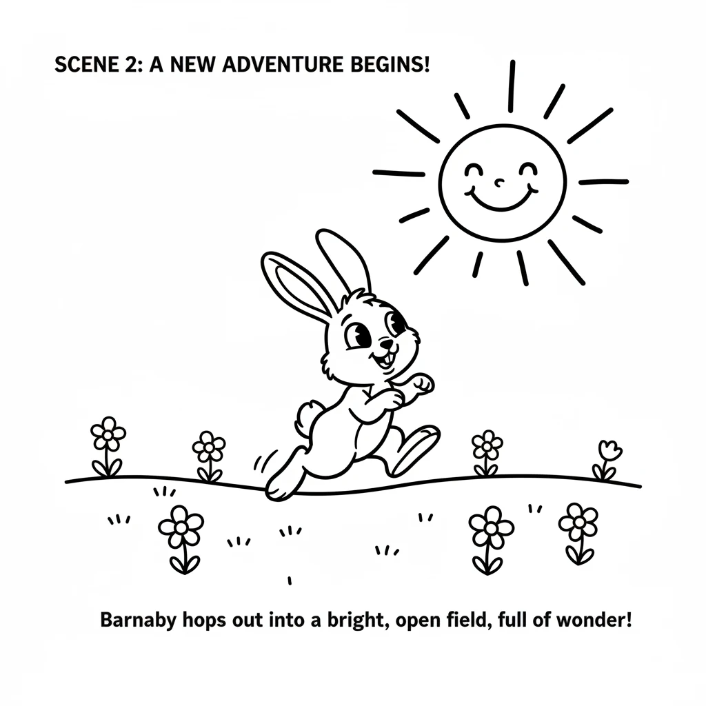Barnaby hops out into a bright, open field. Simple flowers with rounded petals dot the ground, and a big, friendly sun shines above. He looks around,