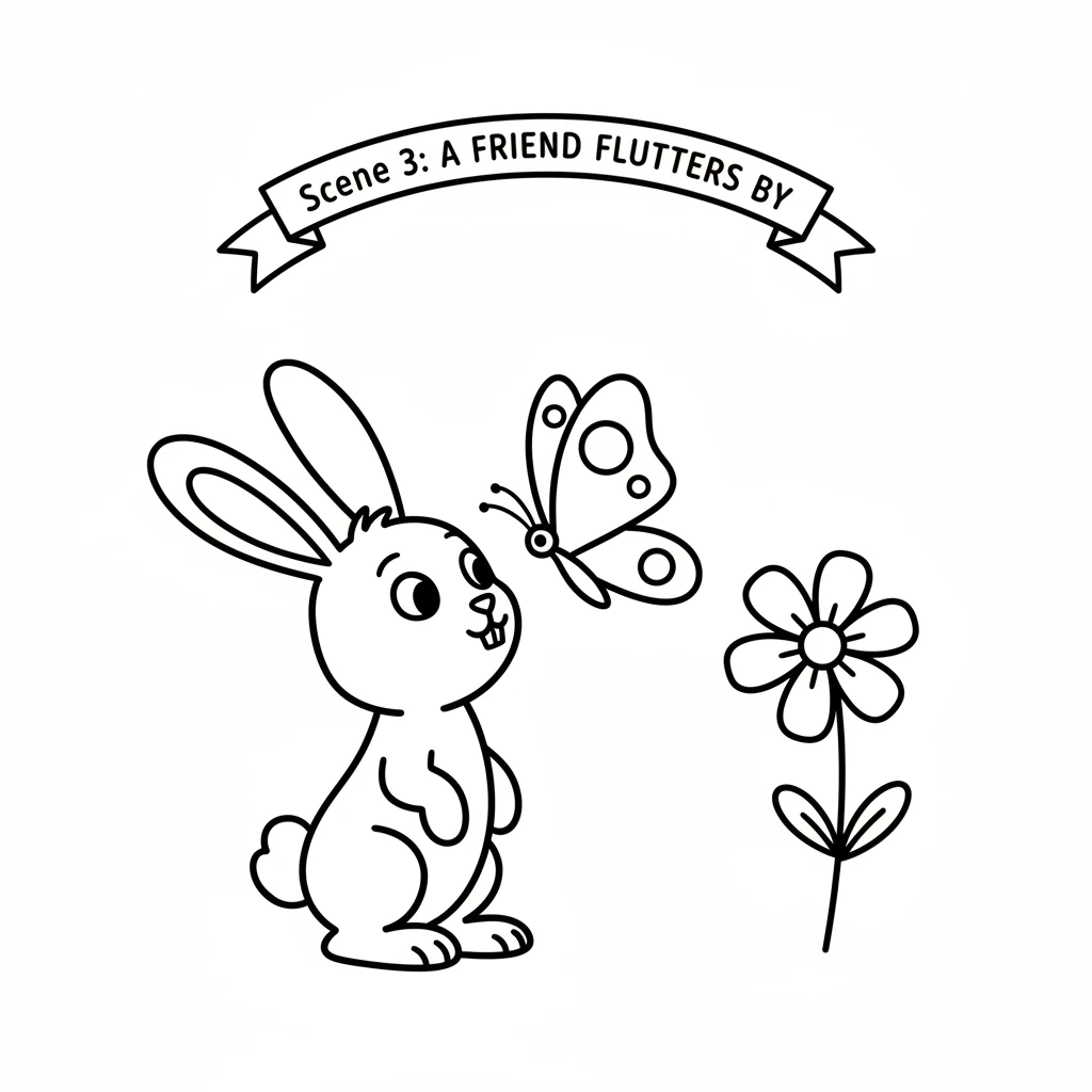 A graceful butterfly with bold, simple wing patterns flutters past Barnaby's nose. Its wings have two large circles on each side. Barnaby watches it f