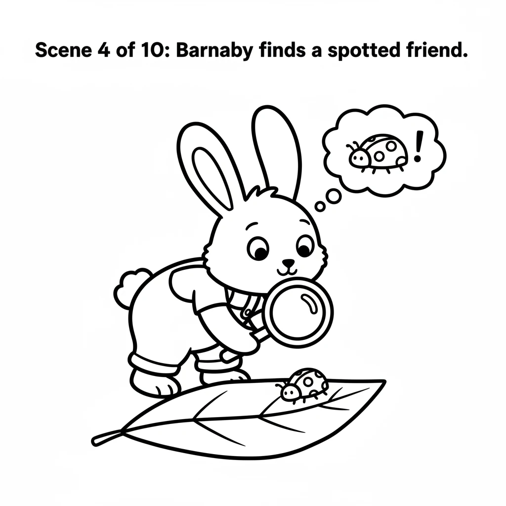Barnaby sees a small ladybug with clear, round spots on its back. It crawls slowly on a big, simple leaf. He observes its bold red and black shapes.