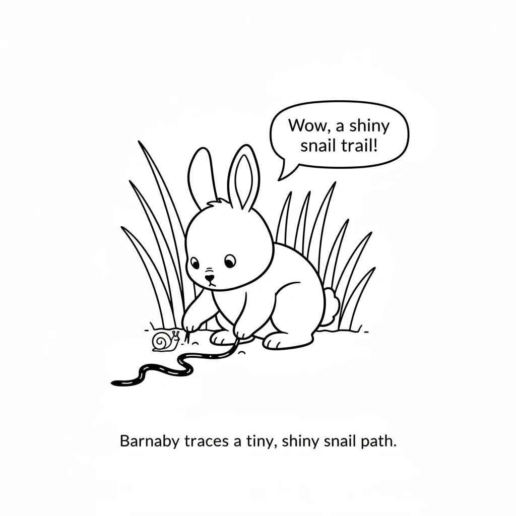 Barnaby finds a patch of tall, curved grass blades. A tiny snail with a swirly shell leaves a simple, shiny trail on the ground. He traces the snail's