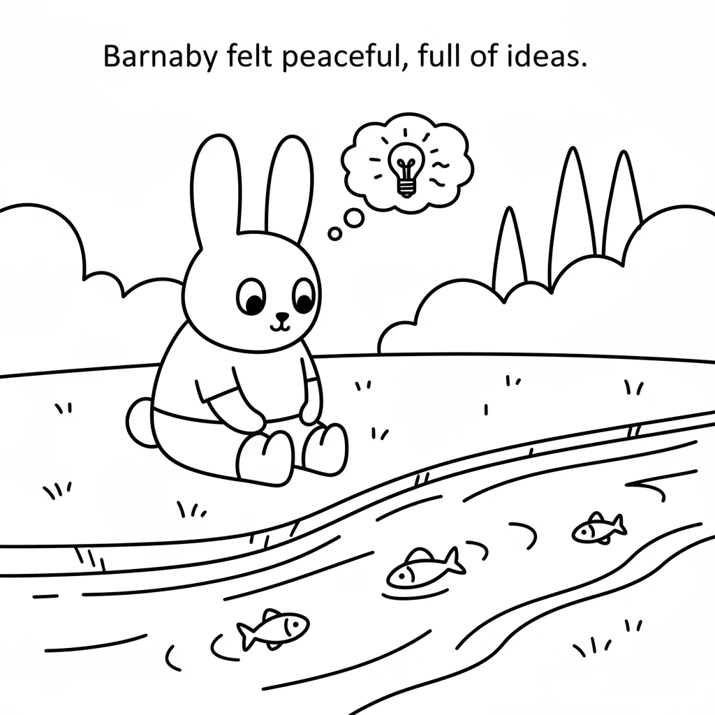 Barnaby sits by a clear, wavy stream. Small, simple fish with two fins swim in gentle, curving lines. He watches them, feeling peaceful and full of id