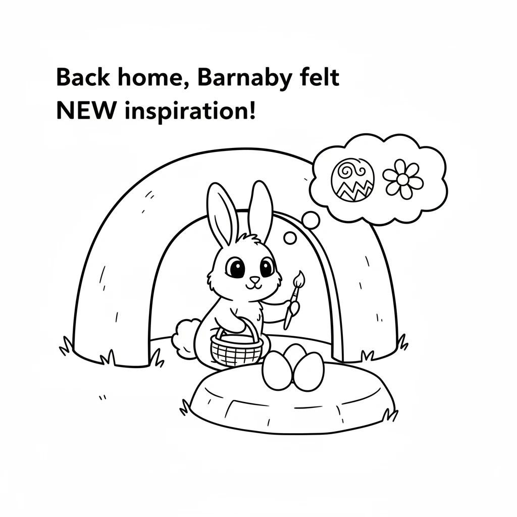Barnaby returns to his round burrow, carrying his empty basket. He has a small, simple paintbrush and the plain eggs ready on a flat surface. His eyes