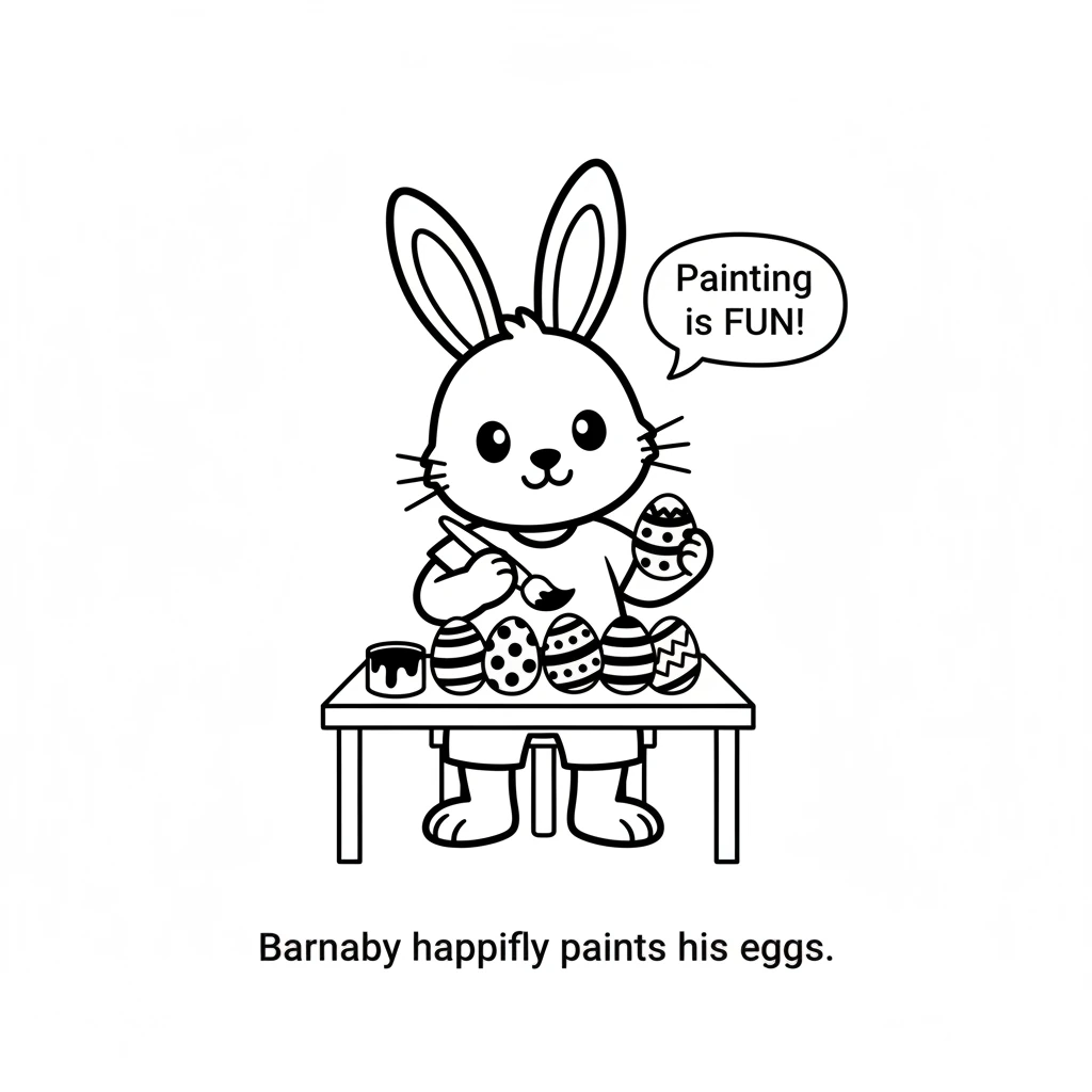 Barnaby is happily painting his eggs. He uses bold, clear lines, dots, and wavy patterns on each egg. Some eggs have circles, others have stripes.