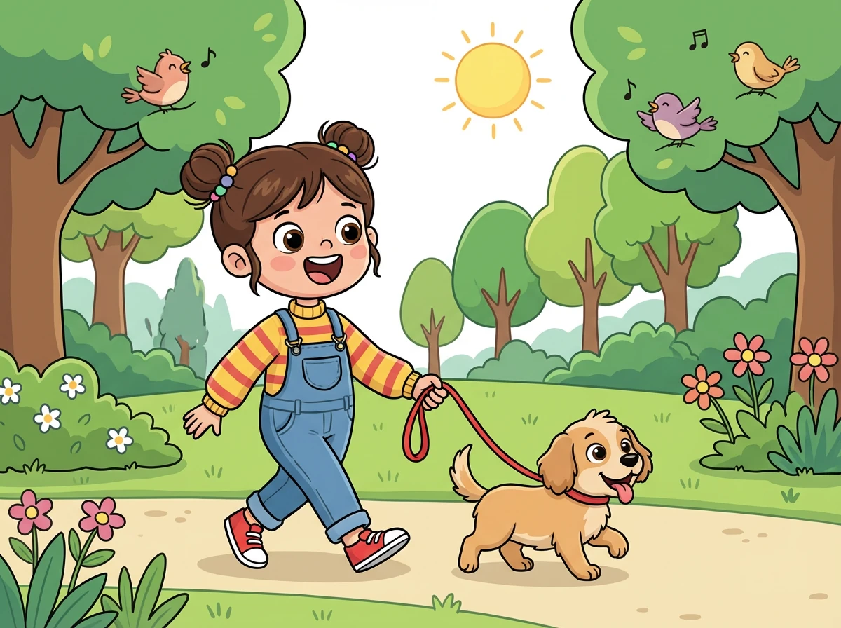 Aslı, uzun boylu ve tatlı bir çocuk, sevimli köpeği Pamuk ile birlikte parka doğru yürüyordu. Güneş ışıl ışıl parlıyor, kuşlar neşeyle ötüyordu. Aslı, Pamuk'un tasmasını sıkıca tutmuş, parkta oynayacakları için çok heyecanlıydı.