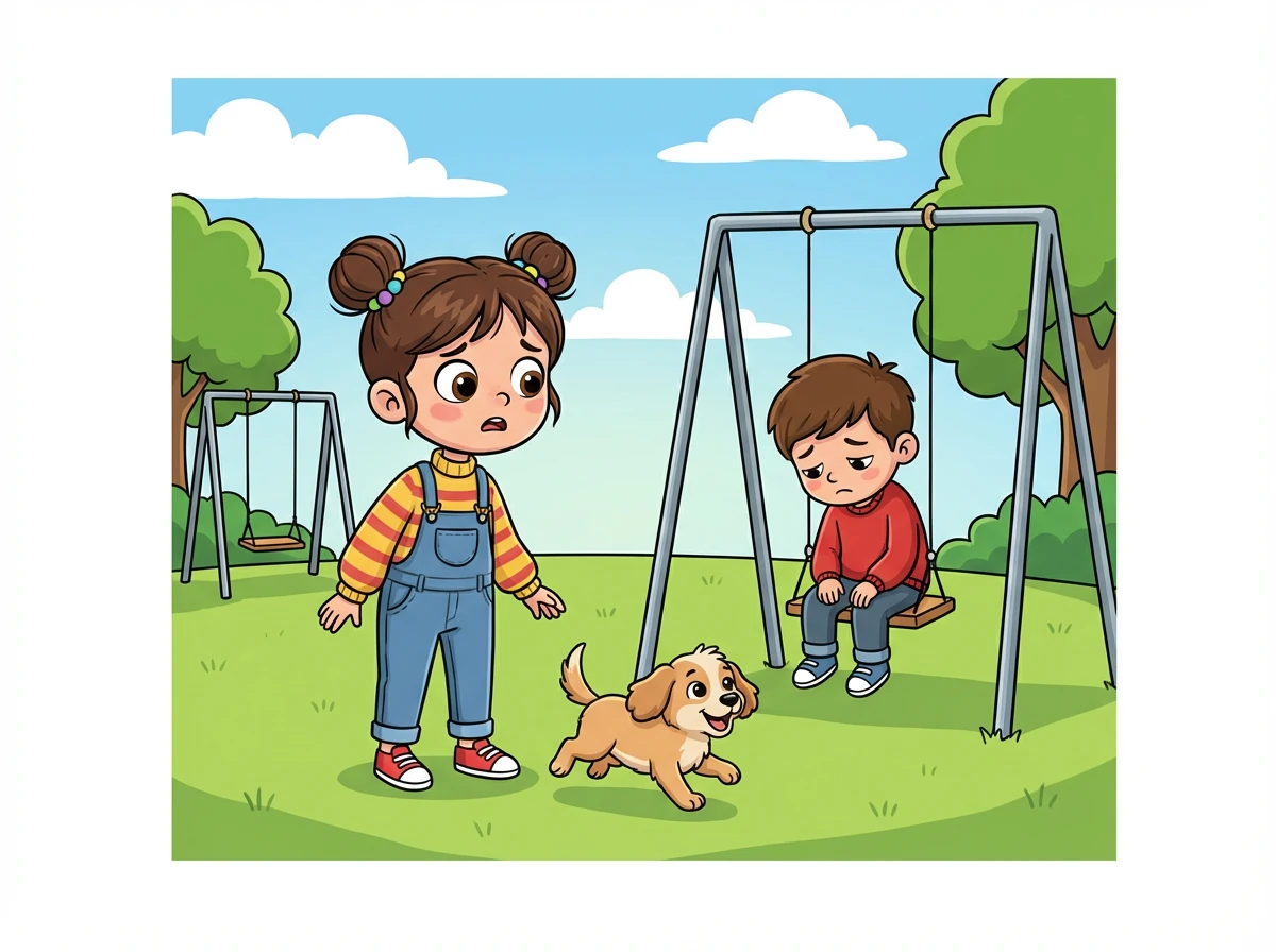 Parka vardıklarında, Aslı'nın gözü kırmızı bir kazak giymiş bir çocuğa takıldı. Çocuk tek başına salıncakta sallanıyordu ve mutsuz görünüyordu. Aslı, Pamuk'u serbest bırakıp oynaması için kenara çekti.