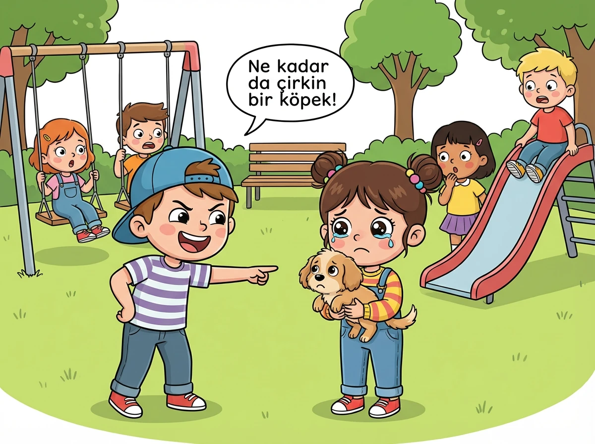 Çocuk, Aslı'ya alaycı bir şekilde gülerek, 'Ne kadar da çirkin bir köpek!' dedi. Aslı'nın gözleri dolmuştu. O sırada parkta bulunan diğer çocuklar da olaya dikkat kesilmişlerdi.