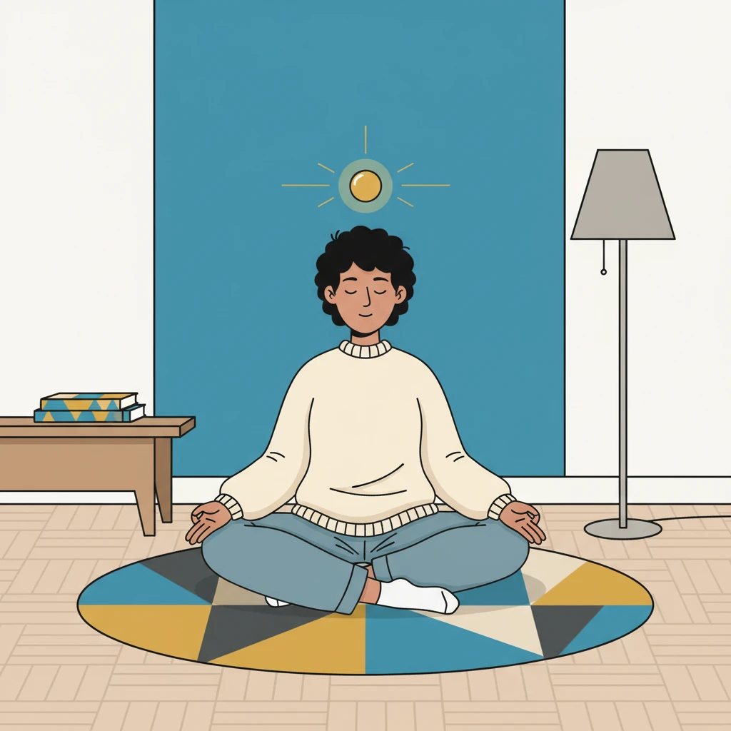 Lumen sits cross-legged on a simple, geometric rug, surrounded by minimalist furniture. Above their head, a tiny, glowing golden orb appears, a nascent idea taking form. The room features clean lines and a single, bold-colored wall, emphasizing clarity.