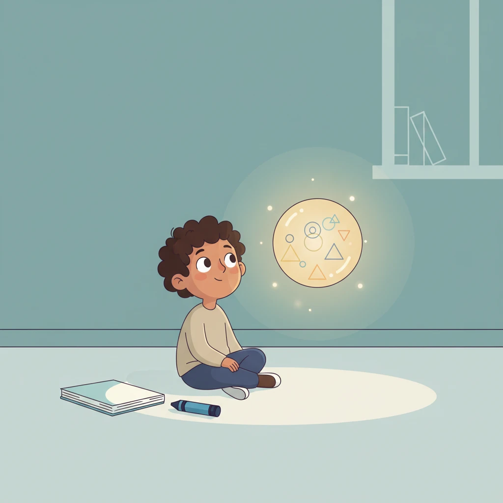 The golden orb subtly expands, now containing faint, undefined geometric outlines within its gentle glow. Lumen gazes up at it with wide, curious eyes, a blank sketchbook and a chunky crayon resting beside them on the clean, uncluttered floor.