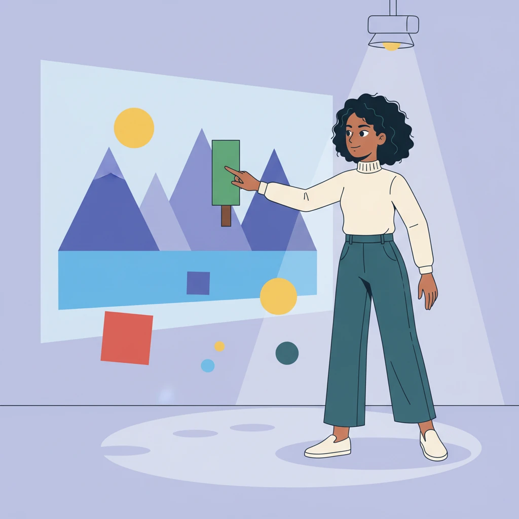 Lumen reaches out, interacting playfully with the projected image on the wall. They slide a simple, rectangular tree shape across the scene, experimenting with composition. Bold, solid primary color swatches appear to float around them, ready for selection.