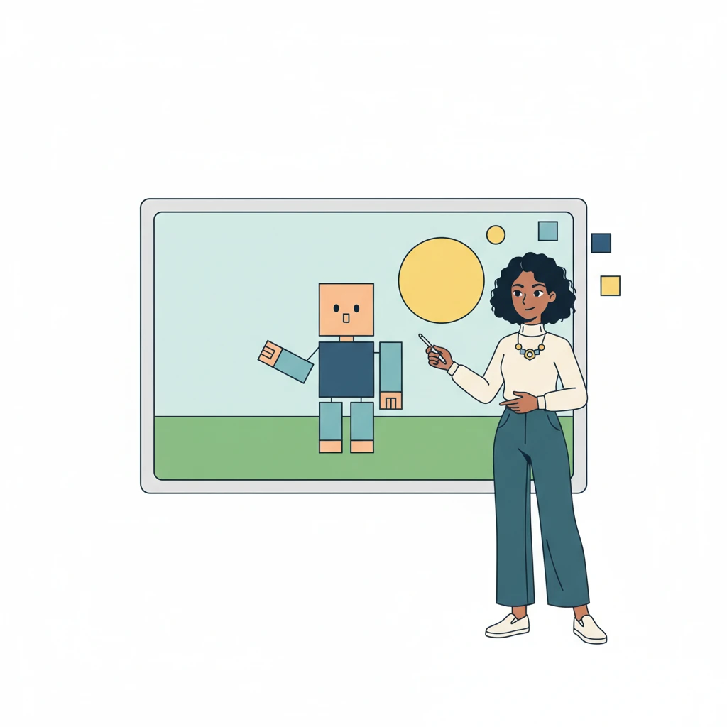On a large, minimalist screen, a complete scene begins to form from the geometric shapes Lumen arranged. A blocky character stands on a flat green plain under a bright yellow sun, all rendered in solid, unshaded colors with thick black outlines. The composition is clean and perfectly balanced.