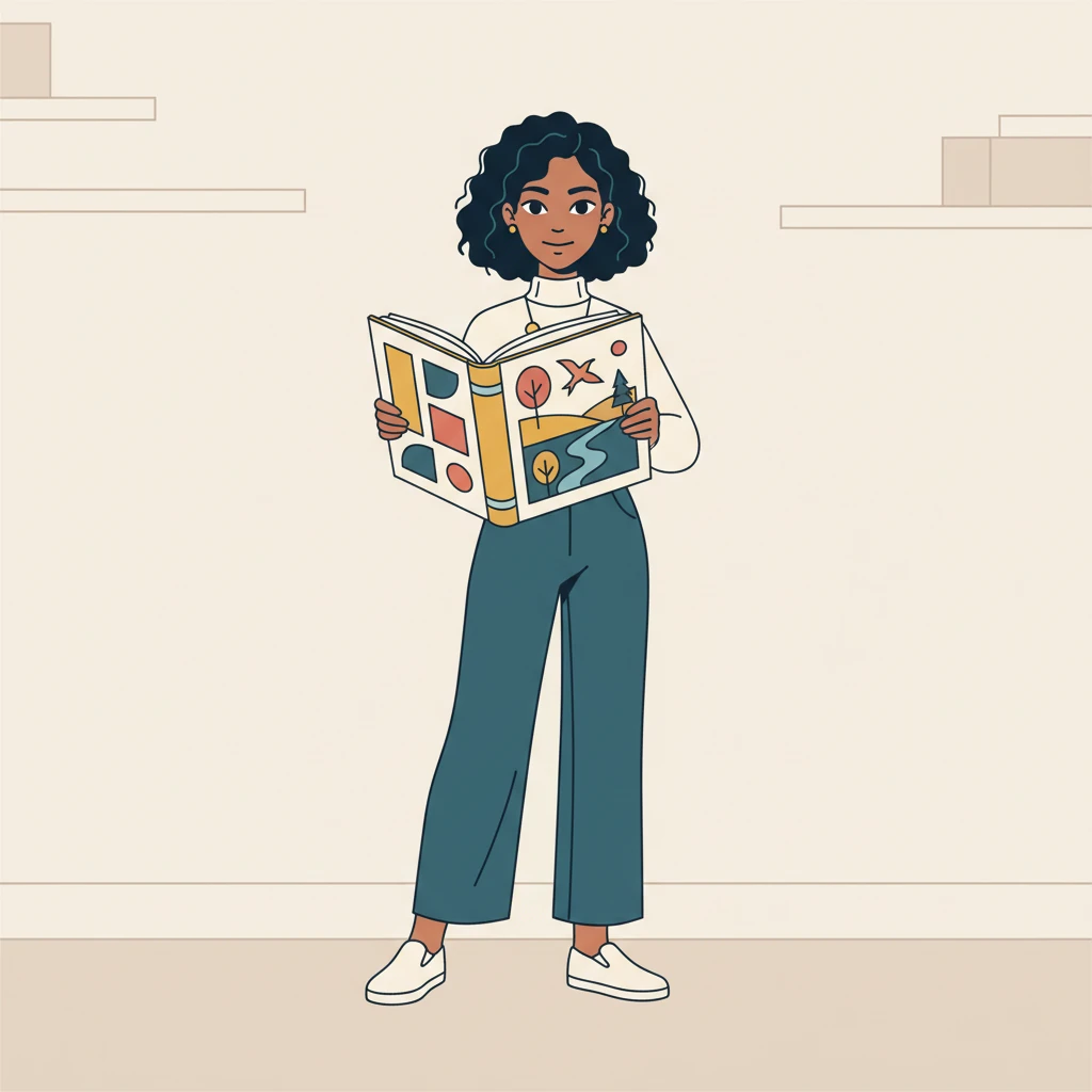 Lumen proudly holds a physical storybook, its cover featuring a striking, minimalist design with bold shapes. The book is open to a double-page spread, revealing a captivating scene with strong outlines and a high-contrast color palette, exactly as created on the screen.